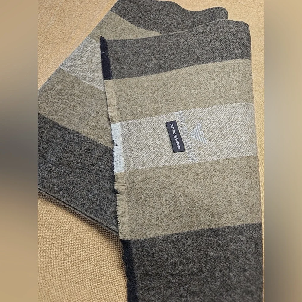 Emporio Armani Taupe, Beige & Gray Striped Wool Scarf